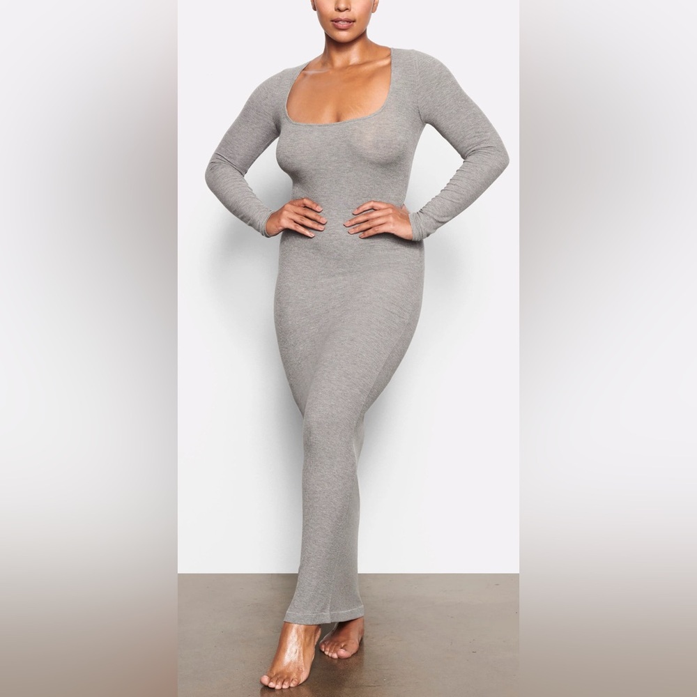 NWT SKIMS Soft Lounge Long Sleeve Dress Heather Gray Size L